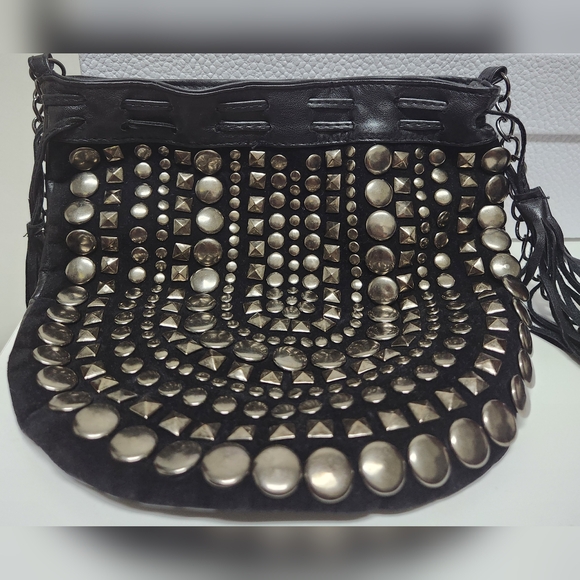 FOREVER 22 Black Vegan Leather Stud Drawstring Crossbody Bag - Picture 8 of 13